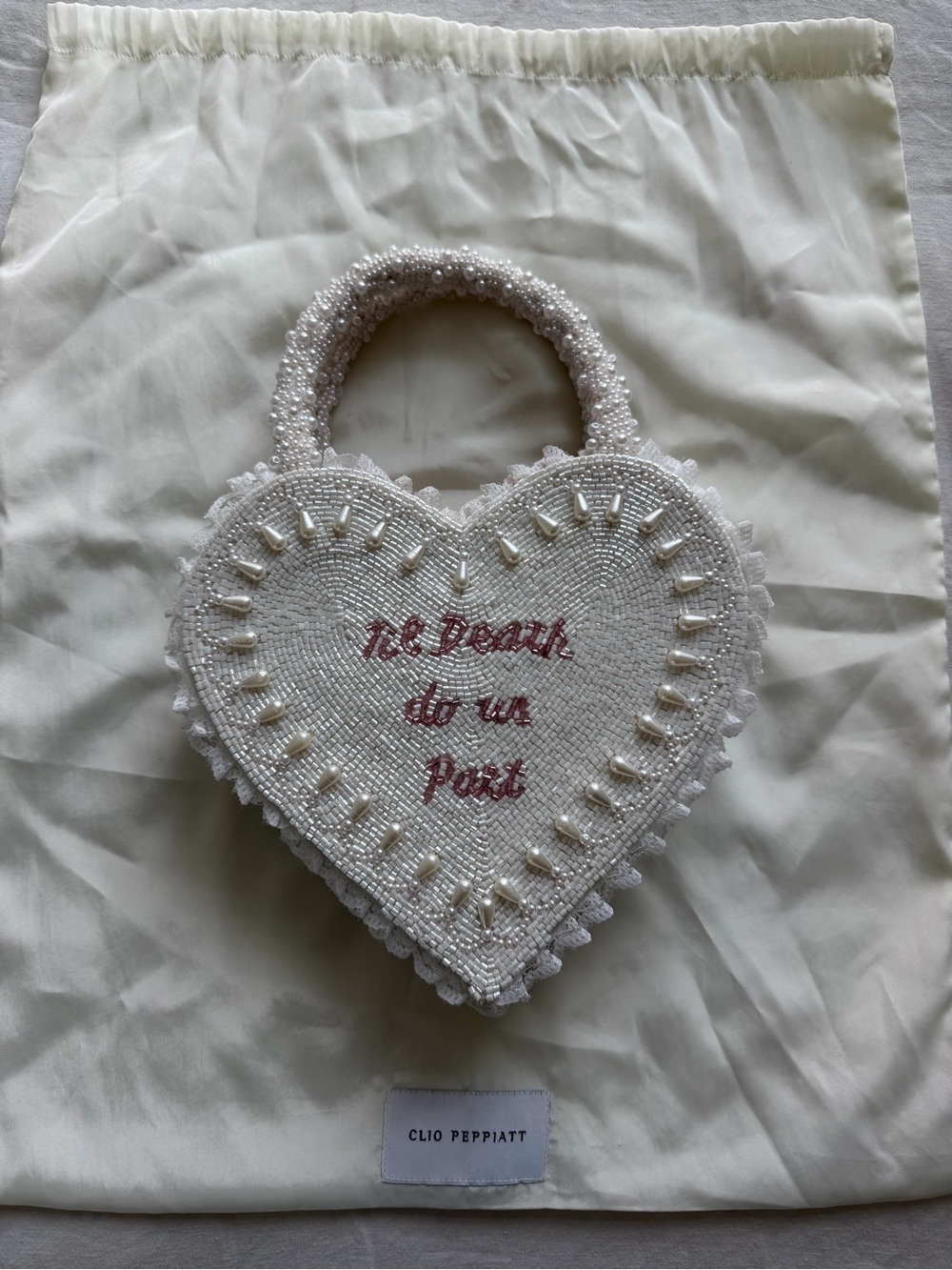 Clio Peppiatt White Beaded Heart Mini Bag